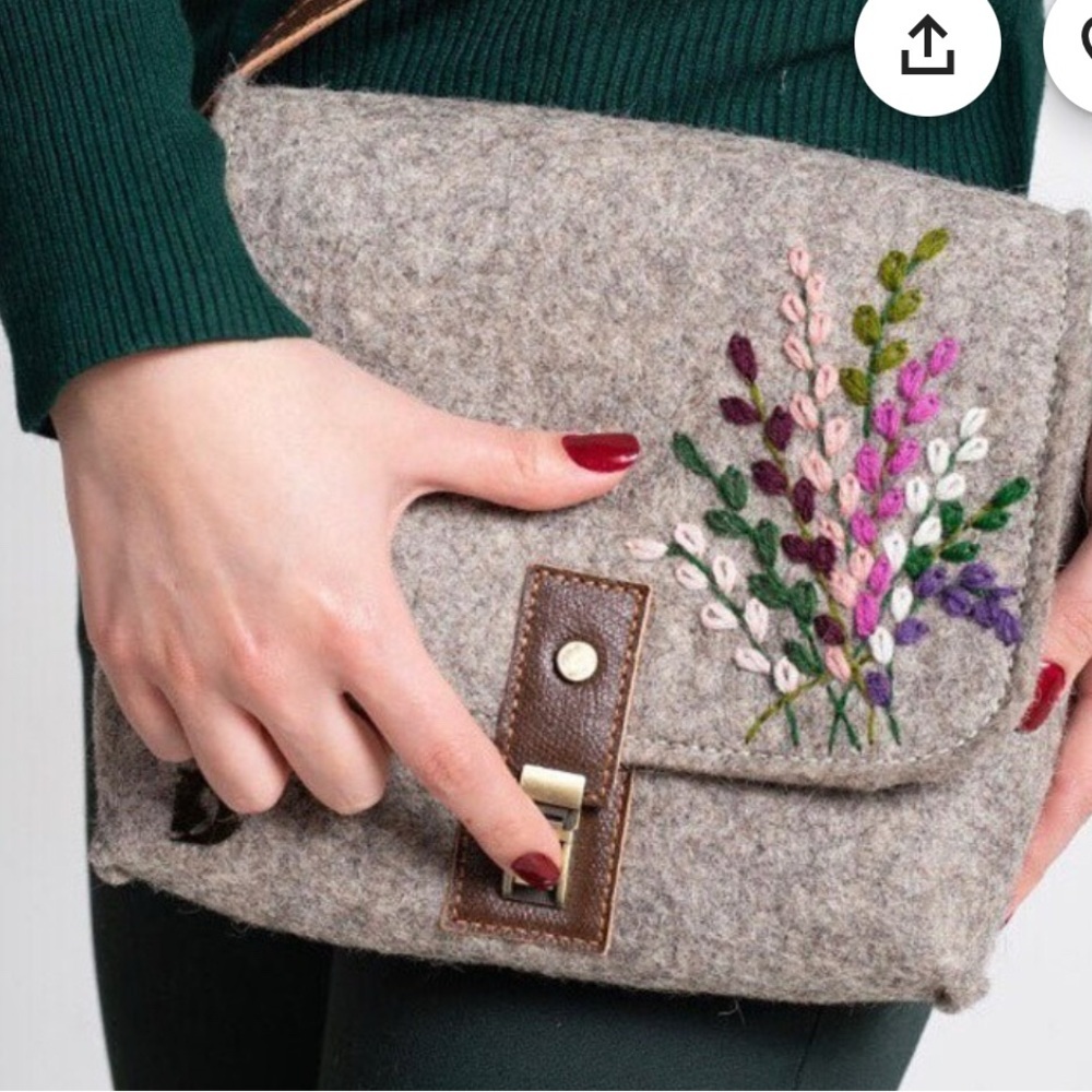 Embroidered Gray Brown  Felt Wool Clutch with embroidered flowers
